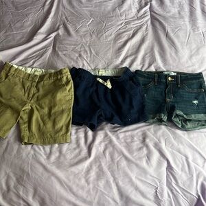 3 pair of kids shorts, blue and khaki, all size 7-8